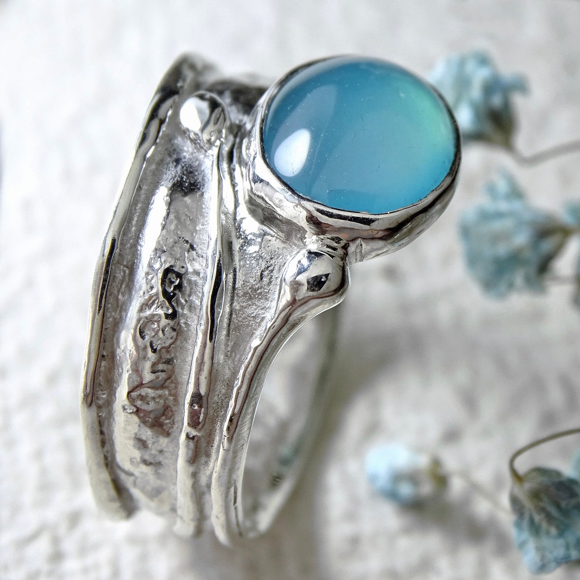 Wild Wood wide Tendril ring, Sea Blue Chalcedony ring