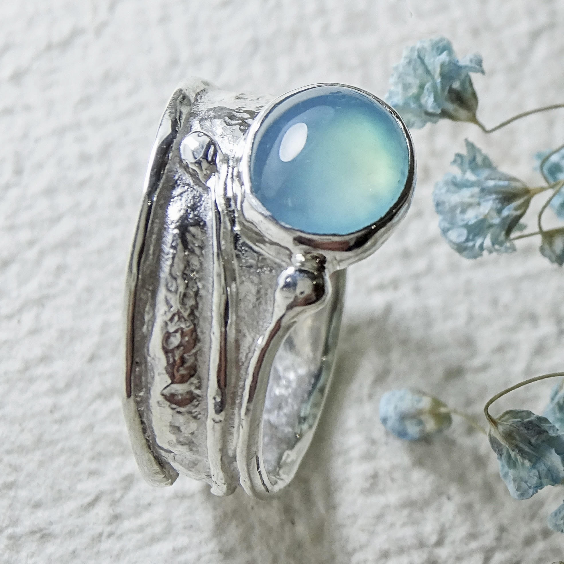Wild Wood wide Tendril ring, Sea Blue Chalcedony ring