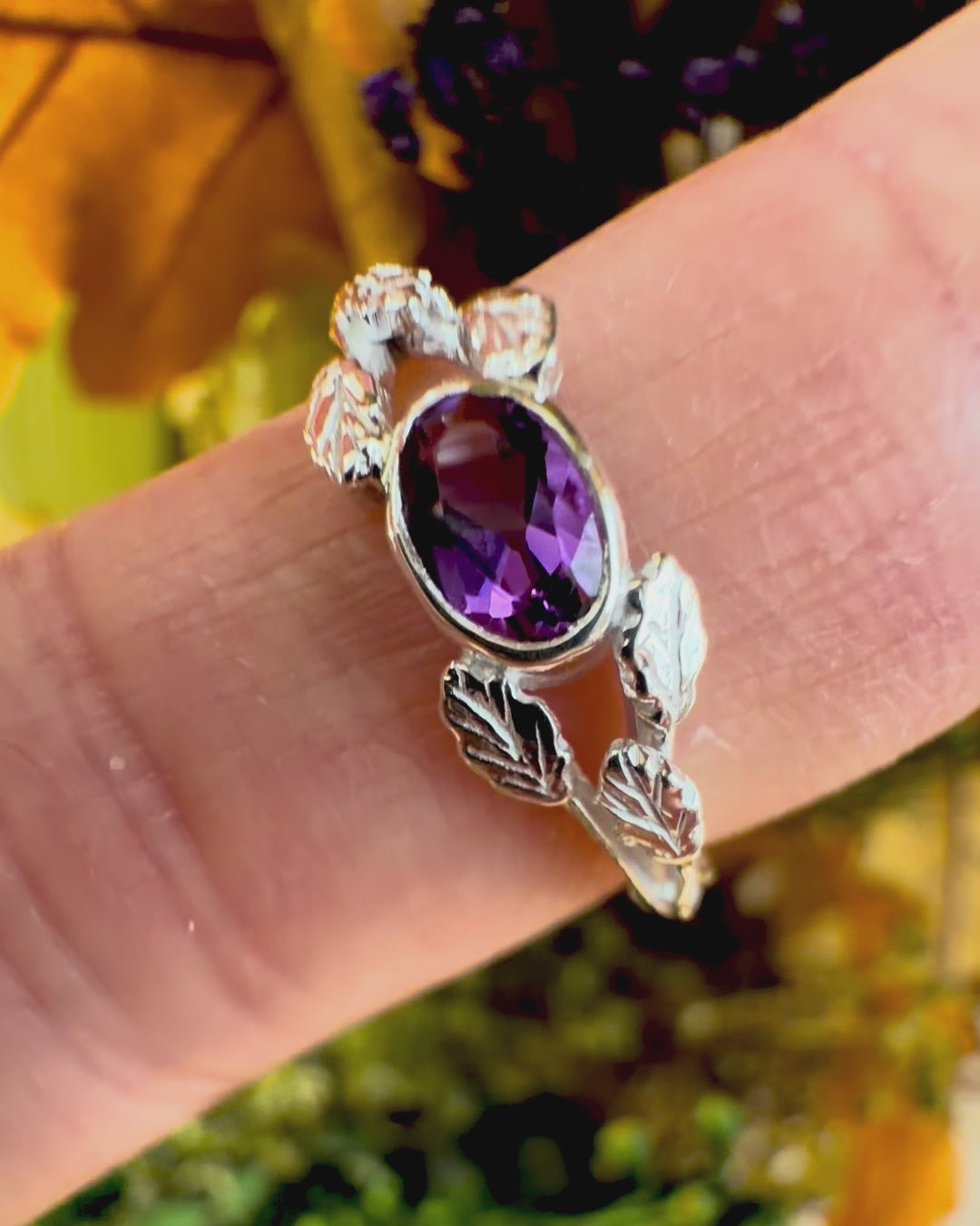 Entwining Leaves Ring, 6mm x 4mm Amethyst, Silver