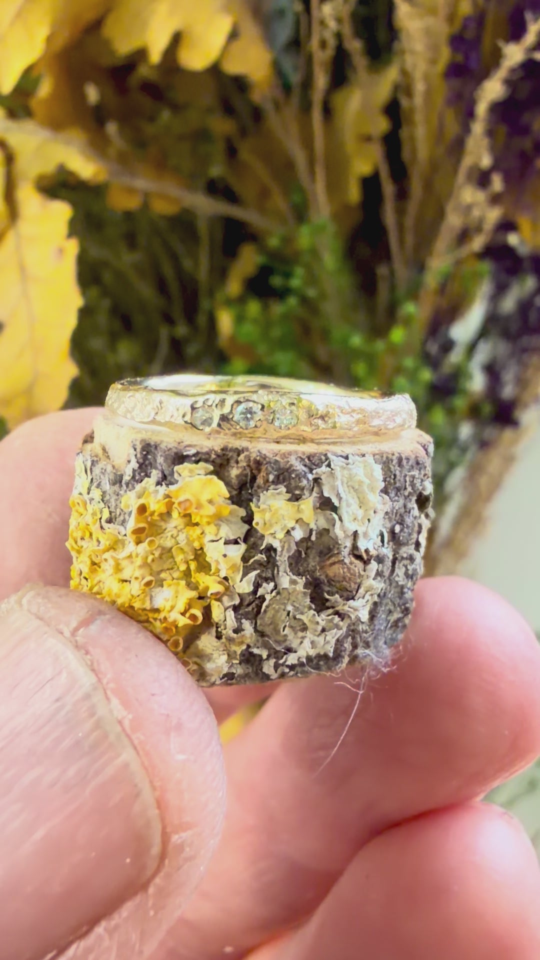 Teeny Weeny 2mm Bark ring, 9ct yellow gold, raw set Diamonds and Green Sapphire