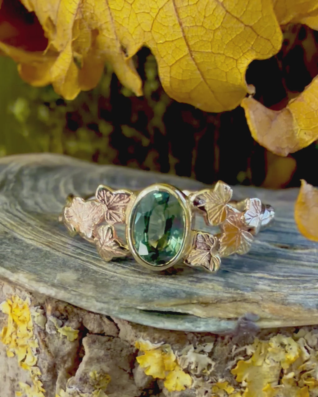Entwining Ivy Leaves ring, 9ct yellow gold, 6mm x 4mm Green Sapphire