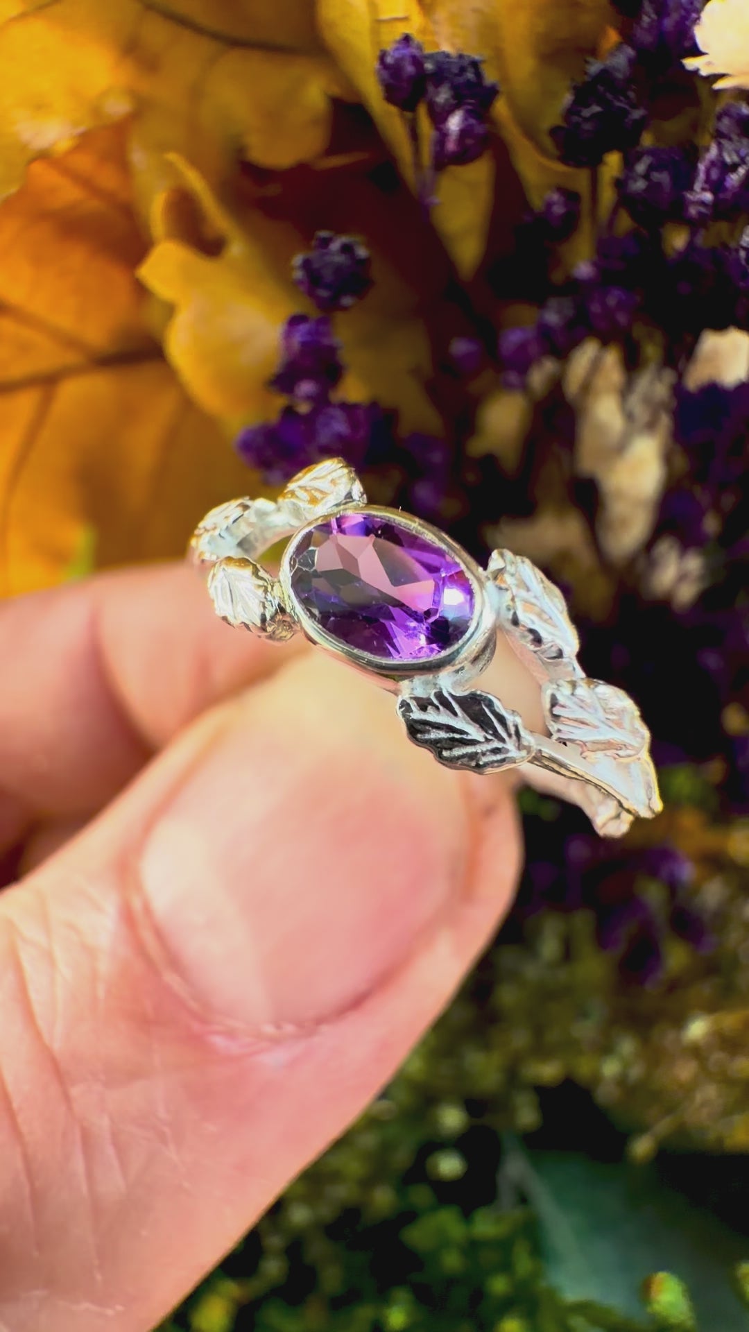 Entwining Leaves Ring, 6mm x 4mm Amethyst, Silver