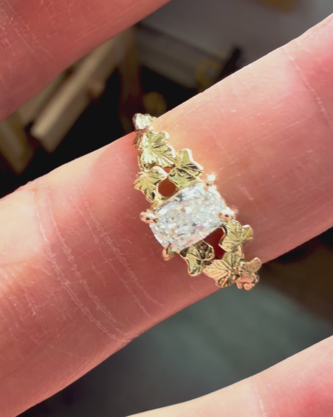 Entwining Ivy Leaves ring, 18ct gold, 6mm x 4mm lab grown cushion Diamond