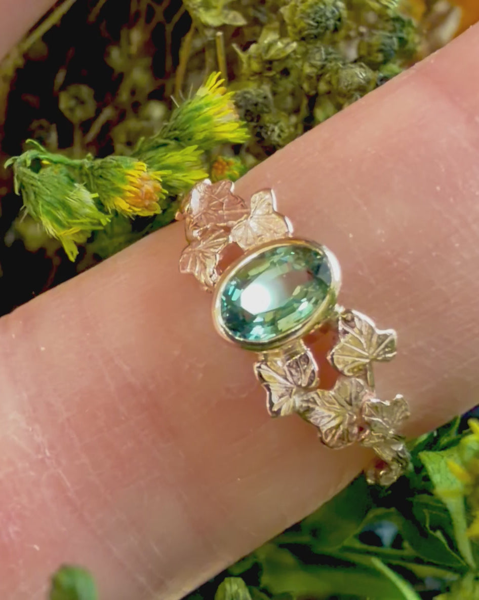 Entwining Ivy Leaves ring, 9ct yellow gold, 6mm x 4mm Green Sapphire