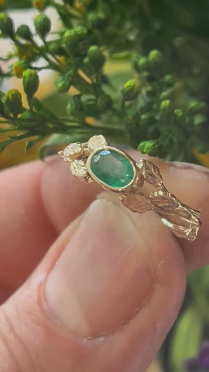 Entwining Leaves Ring, 6mm x 4mm Emerald, 9ct Gold