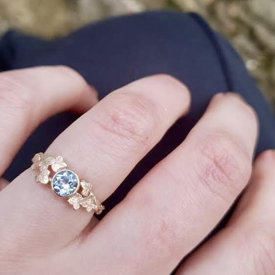 Entwining Ivy Leaves ring, 5mm Aquamarine, 9ct yellow gold